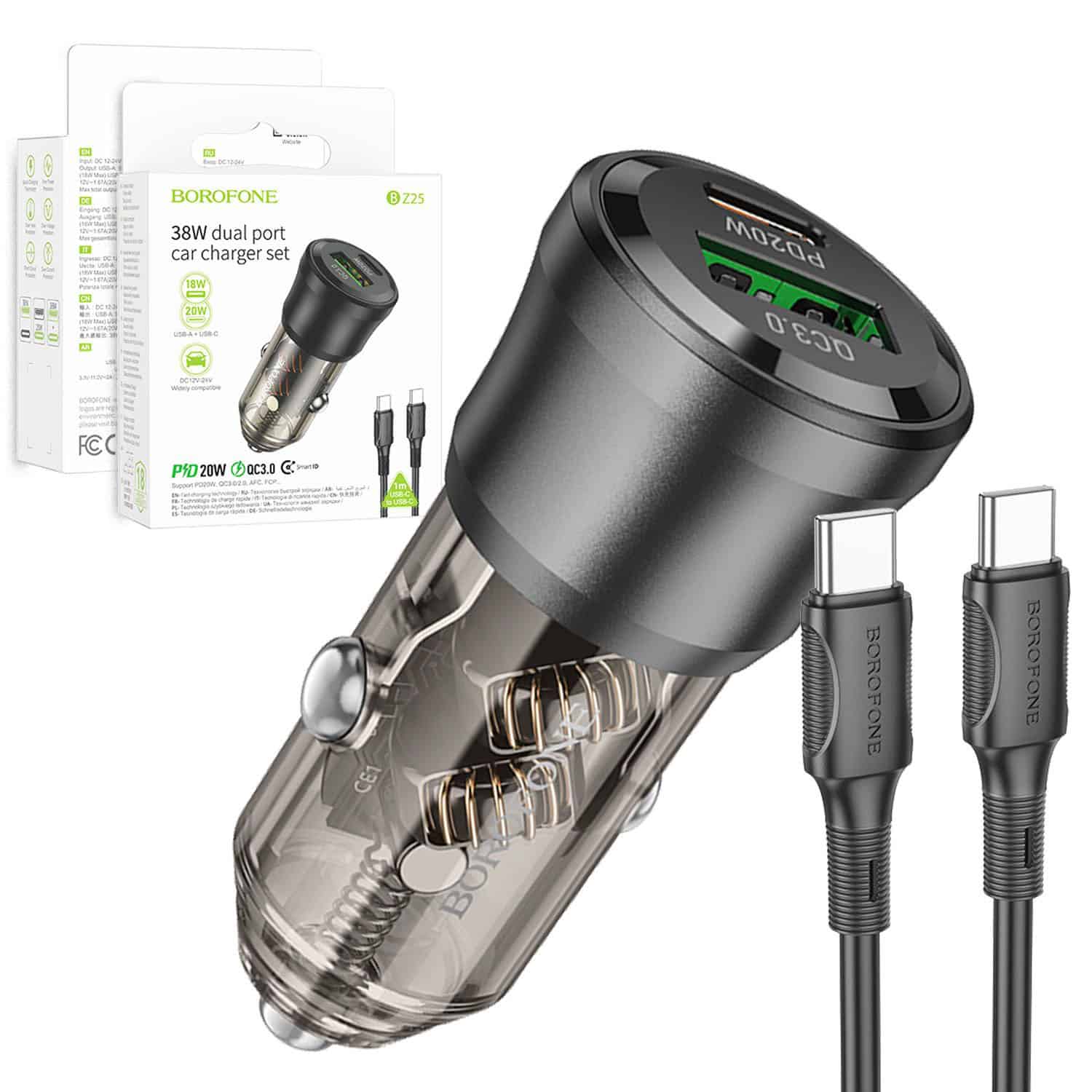 BOROFONE BZ25 Journey PD38W (1C1A) Fast Charging Quick Car Charger With PD USB Type C to Type C Cable Cord (Transparent Black) BOROFONE BZ25 Journey PD38W (1C1A) Fast Charging Quick Car Charger With PD USB Type C to Type C Cable Cord (Transparent Black)